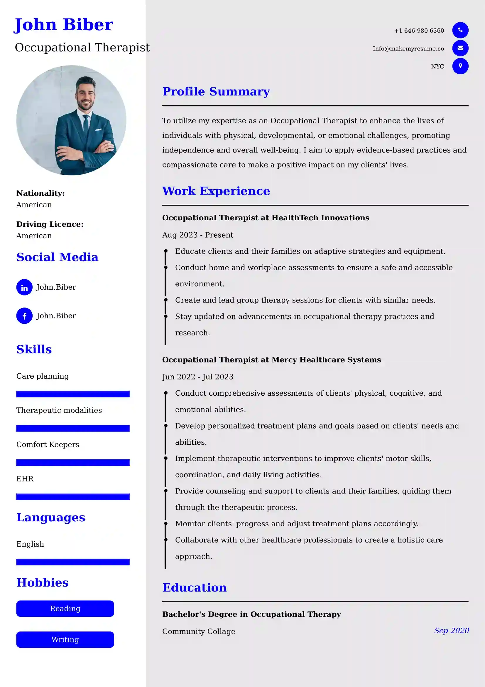 Occupational Therapist Resume Examples Canada