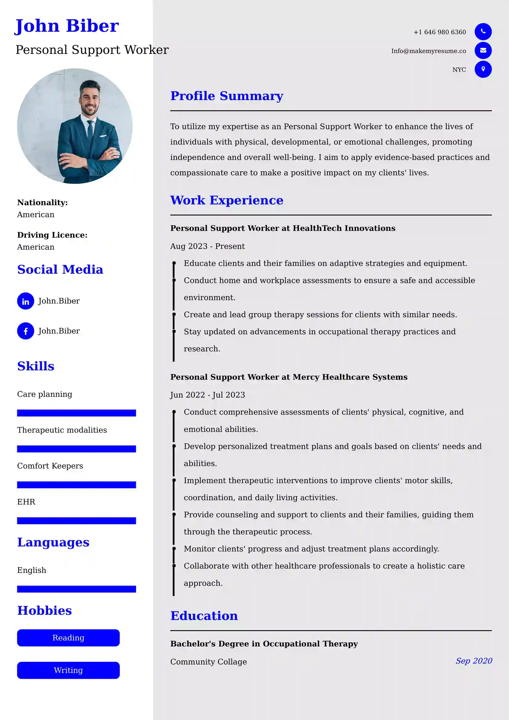 Personal Support Worker Resume Examples Canada