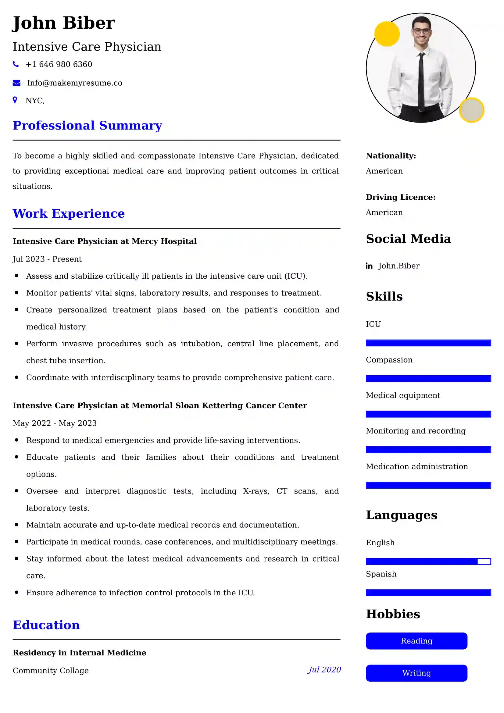 Intensive Care Physician Resume Examples Canada