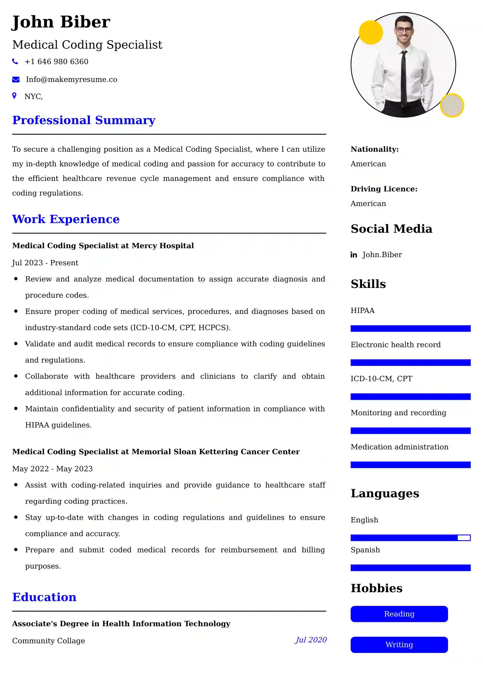 Medical Coding Specialist Resume Examples Canada
