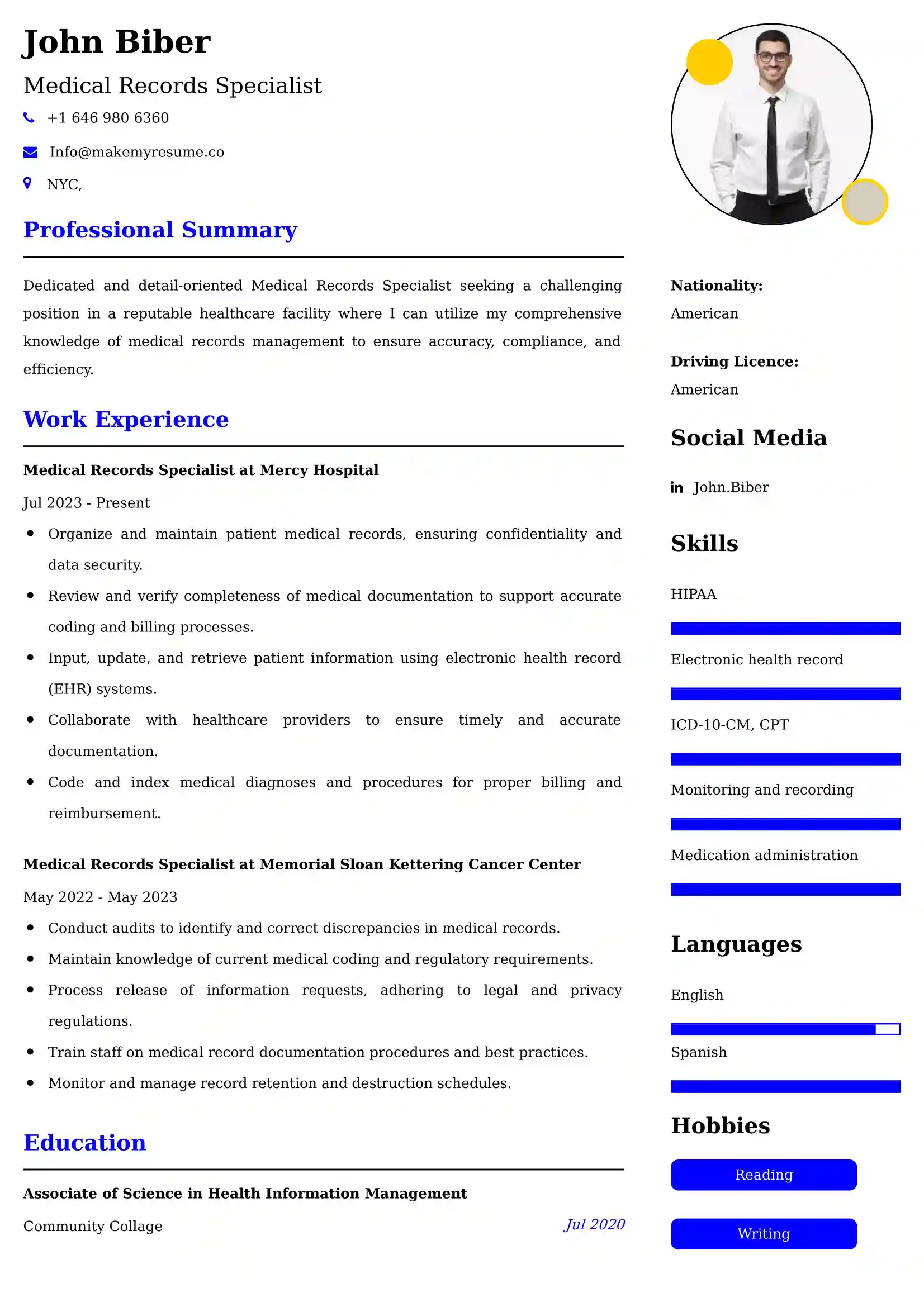 Medical Records Specialist Resume Examples Canada