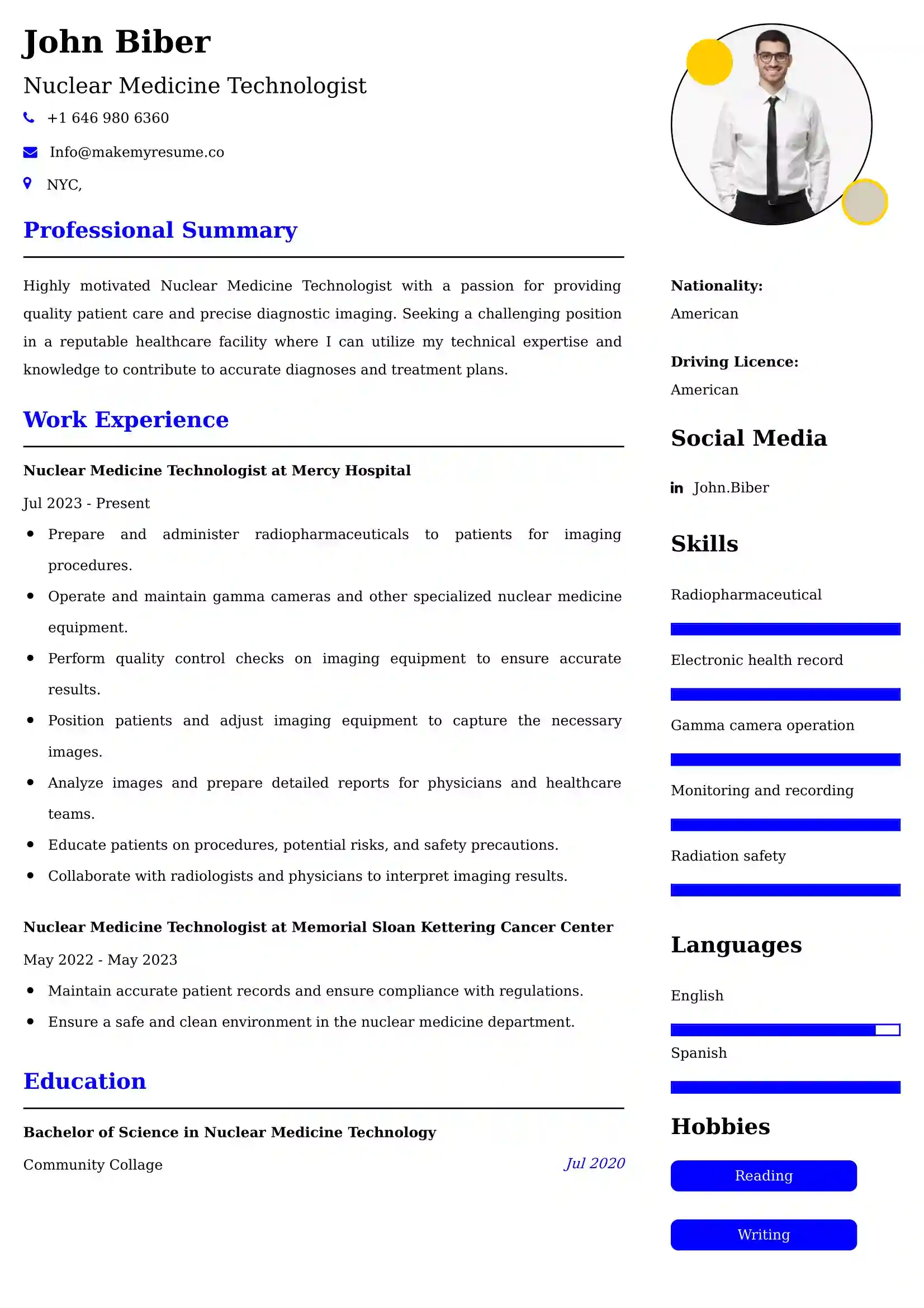 Nuclear Medicine Technologist Resume Examples Canada