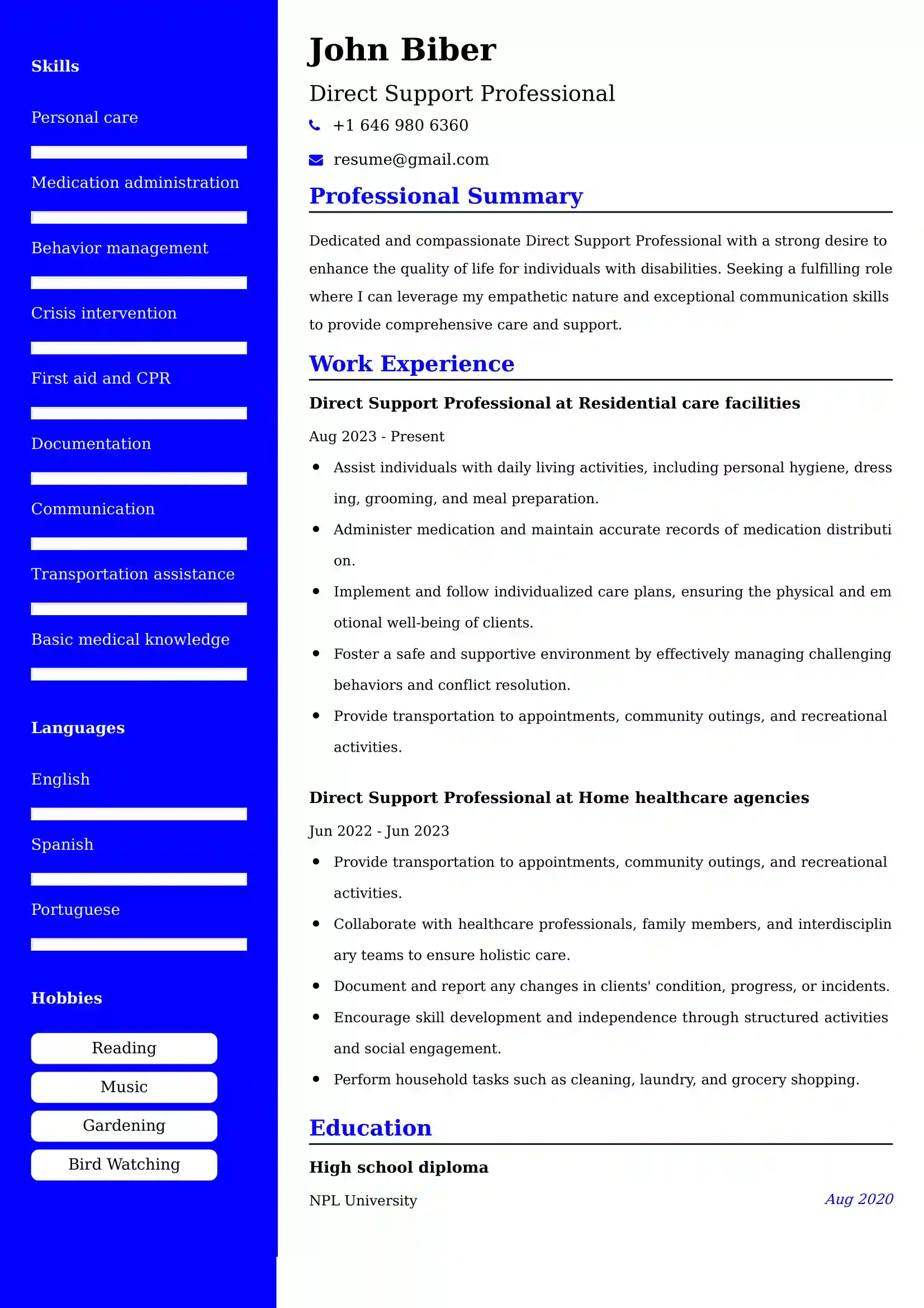 Direct Support Professional Resume Examples Canada