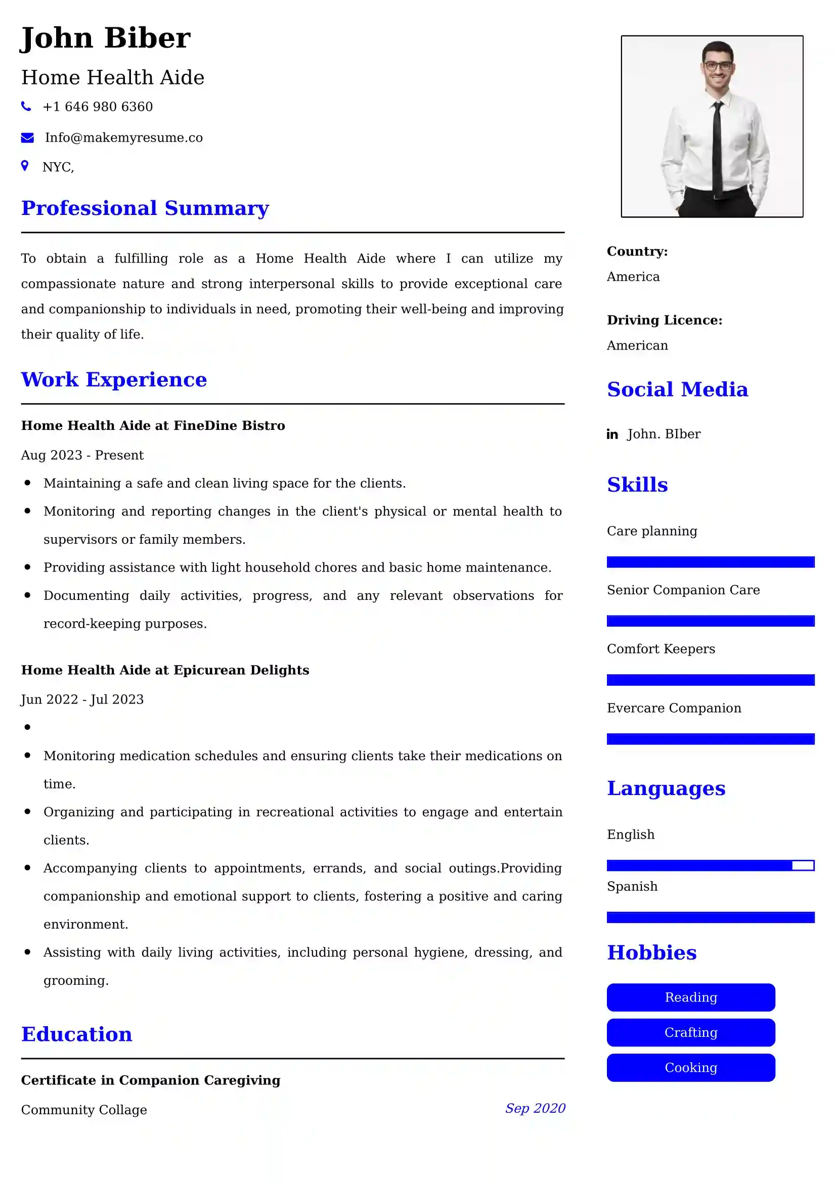 Home Health Aide Resume Examples Canada